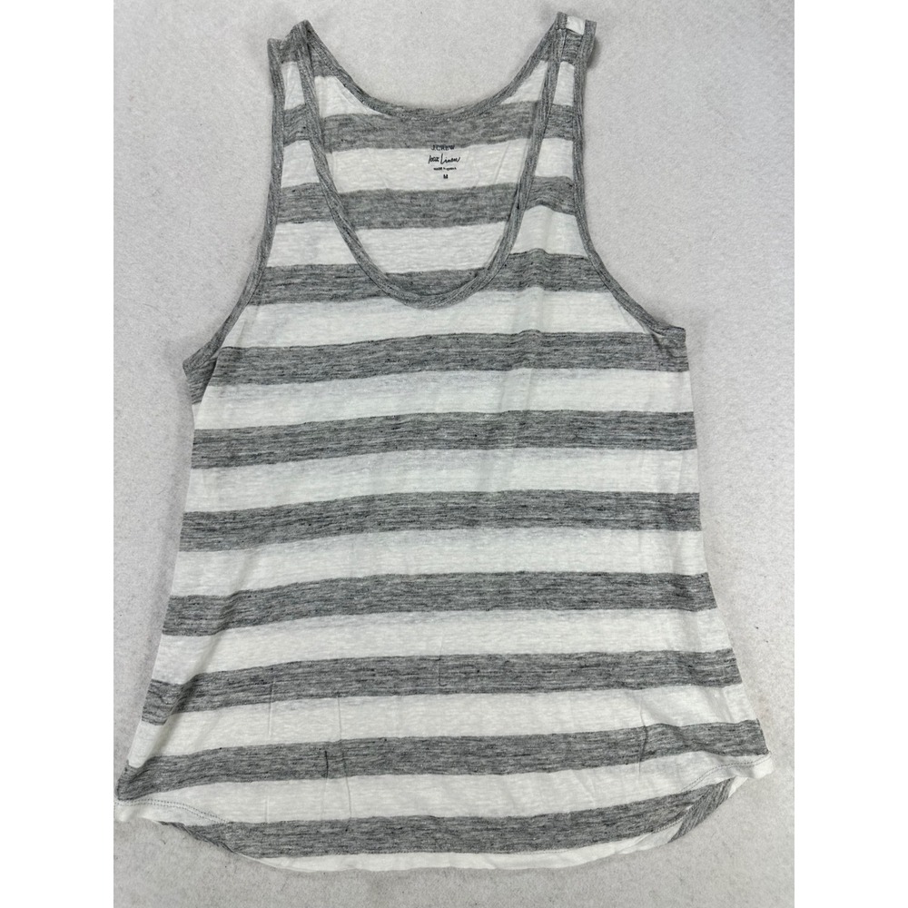 J.Crew Women Grey White Striped 100% Linen Scoop Neck Tank Top Medium M